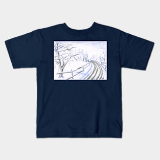 Snowy Landscape with Road and Fence in Ink and Watercolor Pencil Kids T-Shirt